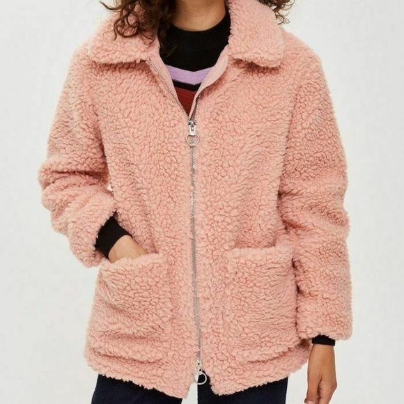 Topshop Borg Zip up Teddy Jacket Coat Pink NWT